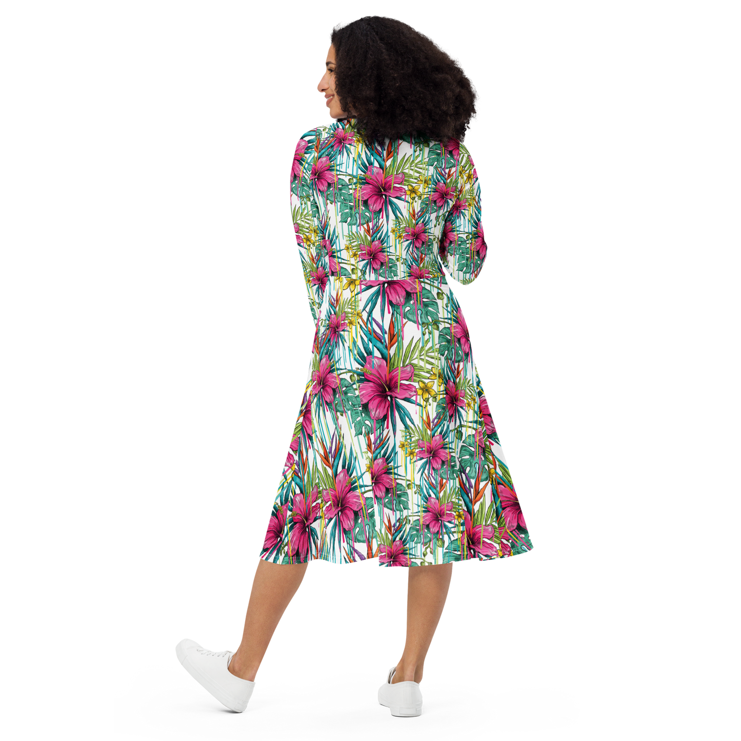 All-over print long sleeve midi dress