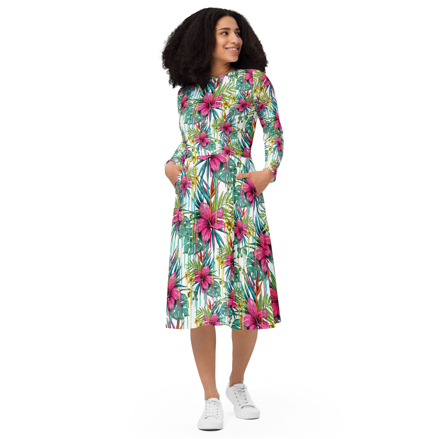 All-over print long sleeve midi dress