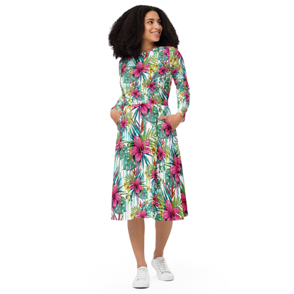 All-over print long sleeve midi dress