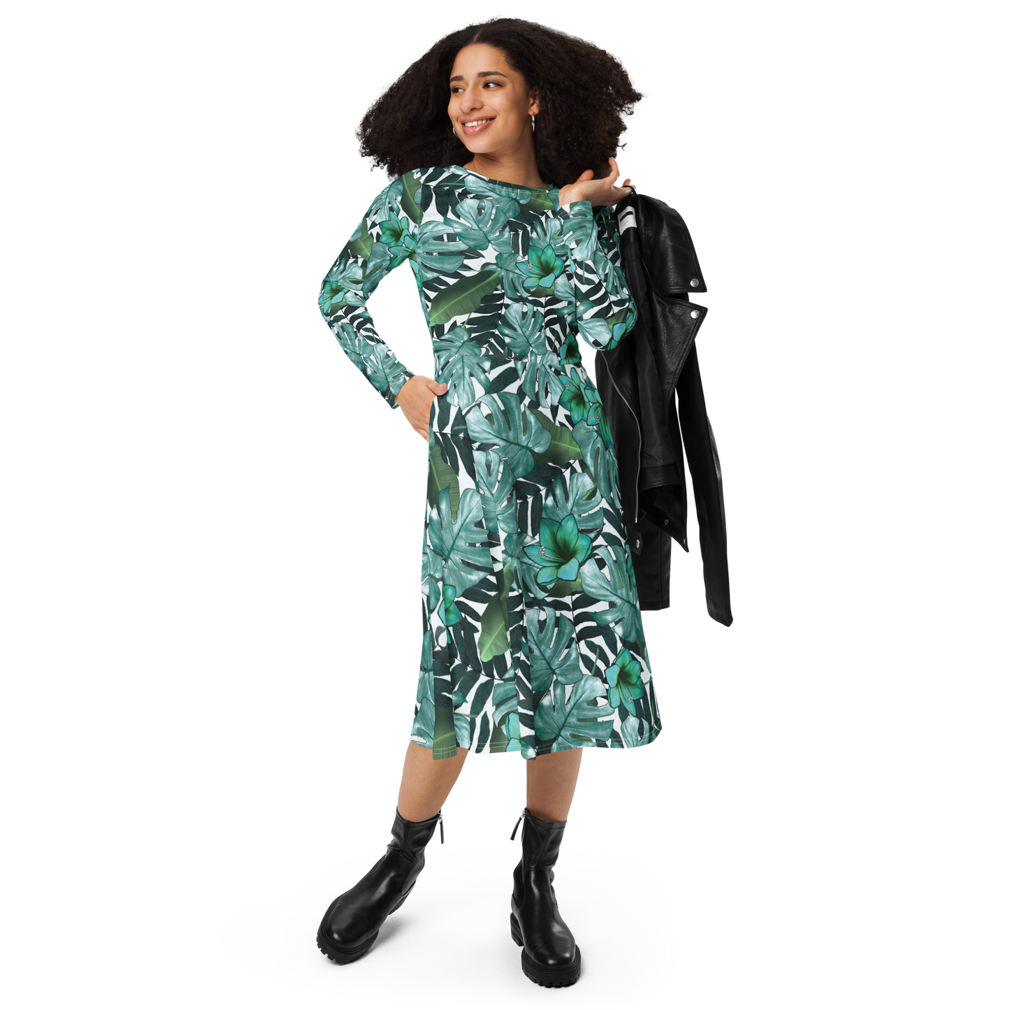 All-over print long sleeve midi dress