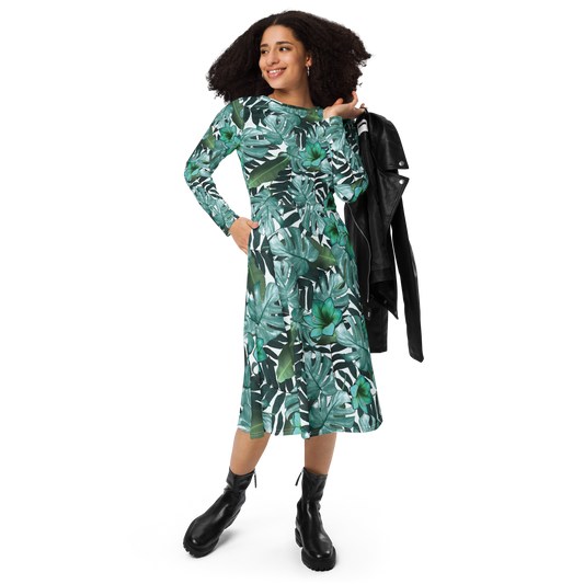 All-over print long sleeve midi dress